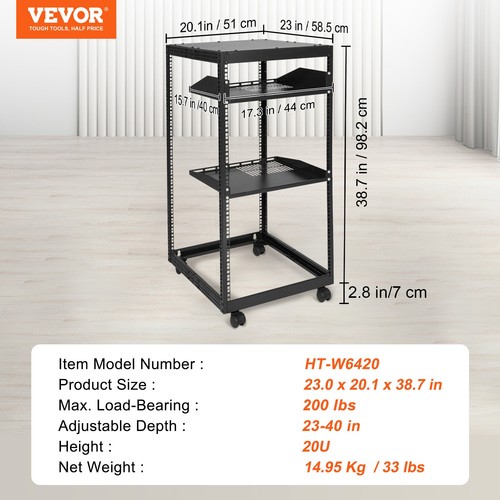 VEVOR 20U 4 Post Open Frame Server Rack Network Enclosure 23''-40'' Adjustable - Picture 7 of 12