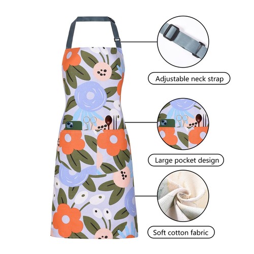 2 Pack Floral Apron for Women with Pockets, Adjustable Cotton Chef Aprons for... - Picture 3 of 8