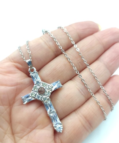 Stanhope Vaterunser Kreuz Anhänger Halskette Vintage Guckloch rhodiniert