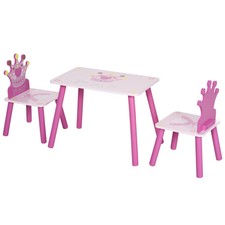 Qaba 3-Piece Set Kids Wooden Table Chair with Crown Pattern Pink
