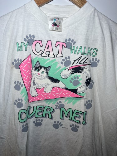 Camisa de gatito divertida vintage años 80 My Cat Walks All Over Me L etiqueta de sueño caribeño - Imagen 4 de 7
