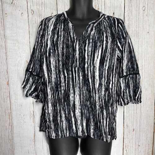 Gloria Vanderbilt Tunika Top Damen Gr. M schwarz grau V-Ausschnitt Viskose leicht