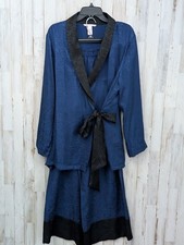 Victoria's Secret Satin 2 Pc Pajama Set M/L Blue Black Kimono Lounge Wear Silky
