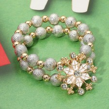 Snowflake Accent Glitter Ball Beaded Stretch Multi Layered Bracelets 2 Piece Set
