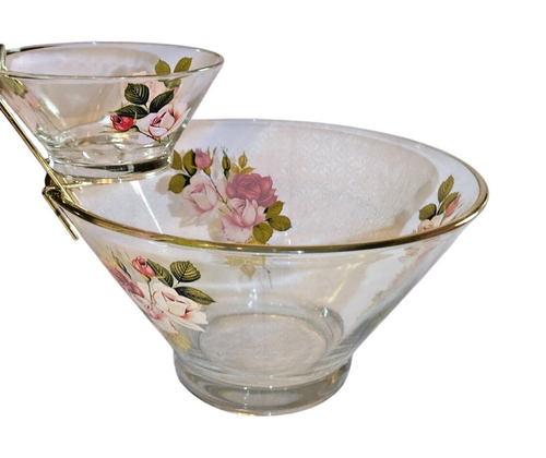 Set Chip & Dip Vintage West Virginia Glass Co con Trasferimenti Rosa Rosa - Foto 6 di 13