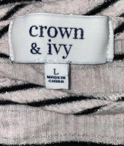 Crown & Ivy Dress Women’s Size Large White Black Shimmer Striped Long Sleeve - Picture 7 of 8