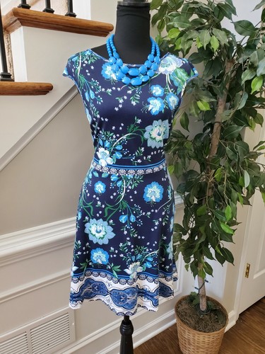 NewYork & Co. Women Blue Floral Cotton BoatNeck Short Sleeve Knee Length Dress M - Bild 1 von 11