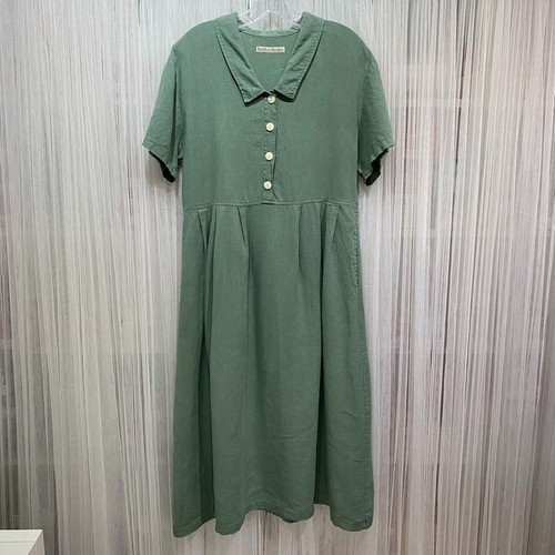 Vintage Smith&Hawken Linen Dress Size M Green Collared Short Sleeve Cottagecore