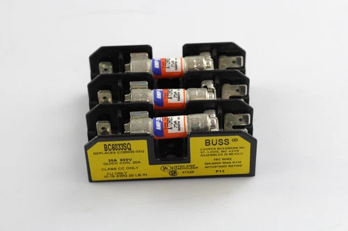lot of 2 Bussmann BC6033SQ Fuse Block (3 Pole, 30 Amp, 600 Volt) w/ atdr25 fuse
