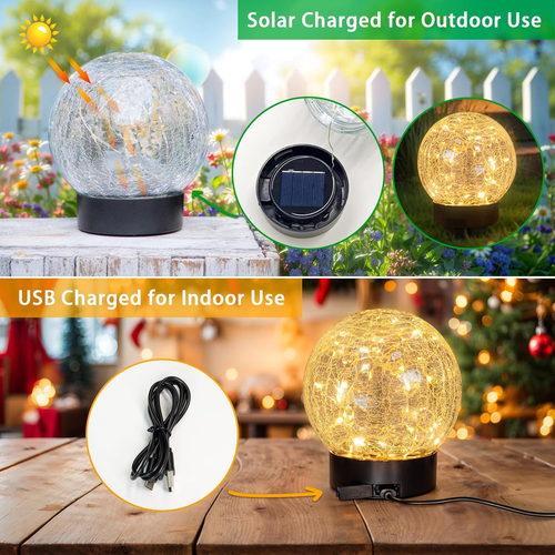 Solar Globe Lights Outdoor USB Charged Garden Decor 3.94" Diameter 30LED 1000Mah - Picture 2 of 12