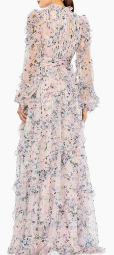 Maxi Vestido Formal Mac Duggal Floral Cuello Alto Manga Larga Fluido Volantes Talla 8 - Imagen 3 de 9