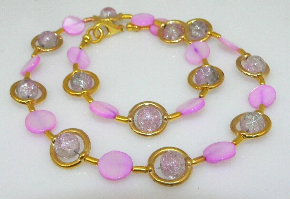 2er Schmuckset Halskette Ohrring Perlmutt Glasperle crash violett pink gold 297g - Bild 3 von 4