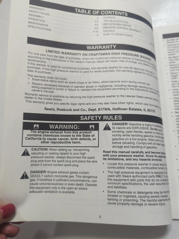 Sears Craftsman High Pressure Washer 580.768332 ORIGINAL 40 page Owners Manual - Image 3 of 4
