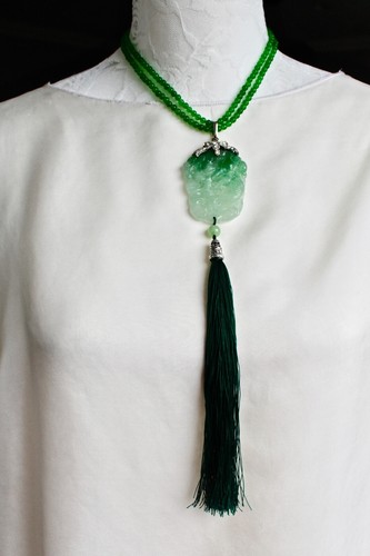Jade Pendant Green White Jadeite Necklace Bead Choker Opera Length Natural Gem - Picture 12 of 12