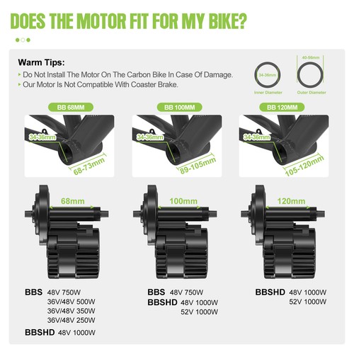 48V Bafang Mid Motor 500W 750W 1000W Conversion Kits 8FUN 68-100mm Electric Bike - Picture 8 of 18