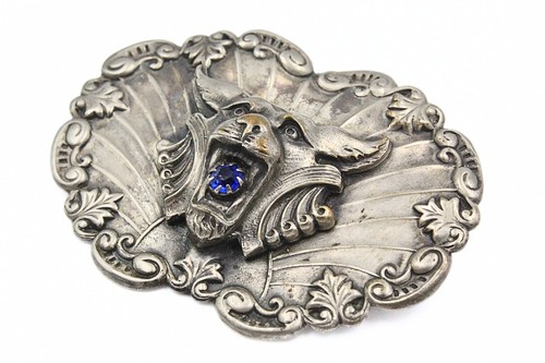 Antique Victorian Silver Plated Embossed Roaring Lion Rhinestone Repaired Brooch - Picture 2 of 8