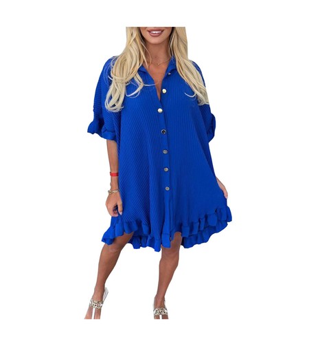 Ladies Women's Gold Button Pleated Frill Summer Shirt Swing Smock Mini Dress Top - Picture 9 of 24