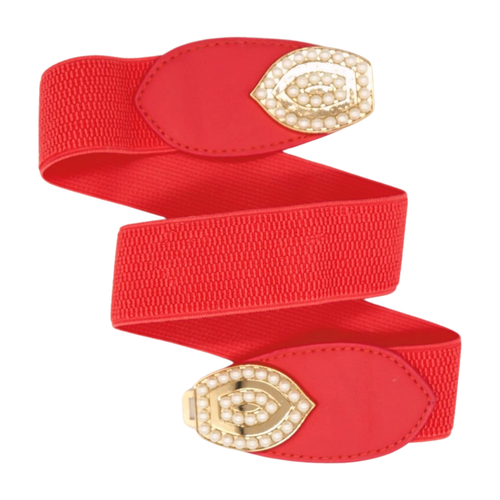 Women Coral Elastic Band Belt Hip Waist Gold Metal Eye Buckle Pearl Beads S M - Picture 3 of 23