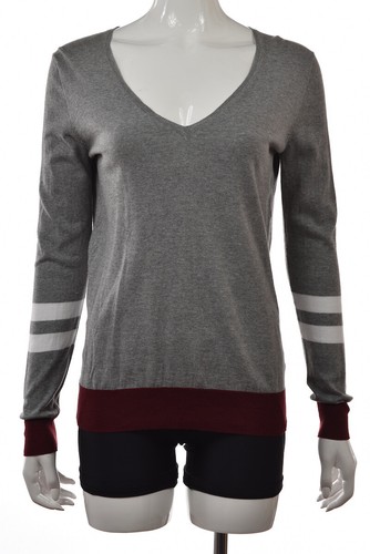 J Crew Womens Sweater Size S Gray White Burgundy V-Neck Long Sleeve Cotton Top - Picture 1 of 5