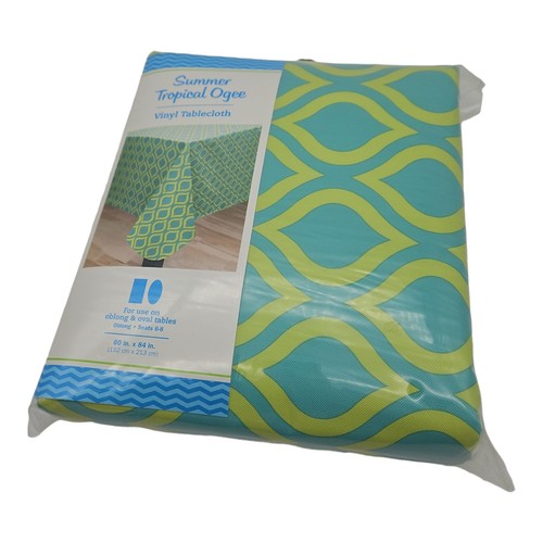 Tablecloth 60x84 Teal and Green Vinyl Oblong Oval Tables Abstract Pattern NEW - Picture 9 of 10