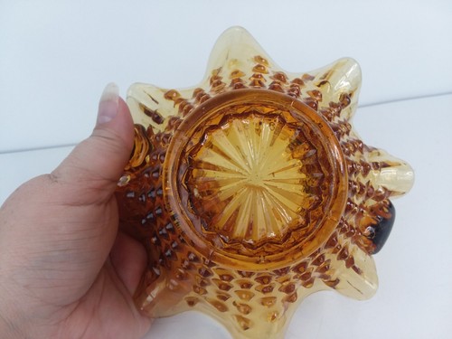 Vintage Glass Amber Hobnail Ruffled Edge Candy Basket Dish w/ Handle - Picture 6 of 10