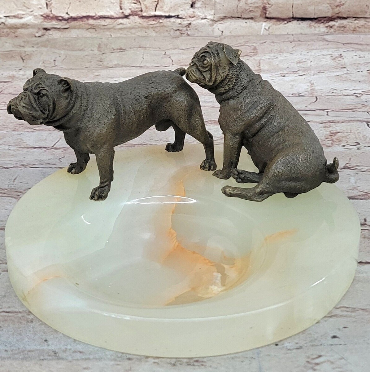 Animal Pet English Bulldog Dog Ashtray Onyx Marble Base Sculpture