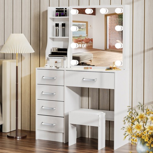 6 Drawers Dressing Table Stool Set Makeup Mirror Desk LED 10 Bulbs White Vanity - Picture 11 of 13