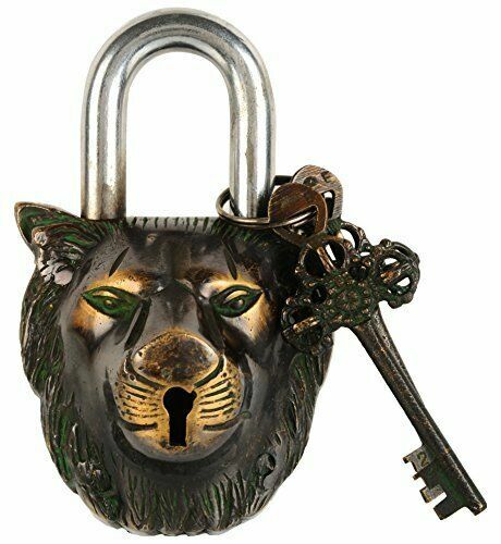 Lion Type Home - Garden Brass Padlock - Lock With Key - Working - Picture 1 of 8