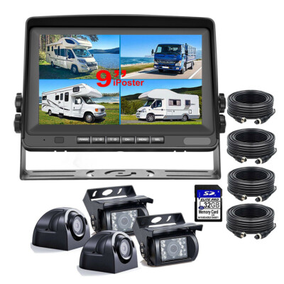 9'' QUAD SPLIT MONITOR SCREEN 4x REAR VIEW BACKUP CCD CAMERA REVERSE SYSTEM TRUCK