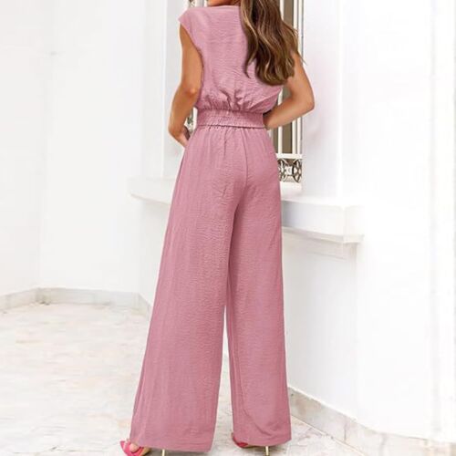 Women's Summer 2 Piece Outfits Cap Sleeve Tied Knot Crop Top Wide Leg Pant Sets - Picture 22 of 42
