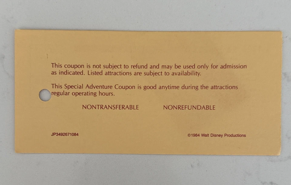 РЕДКИЙ винтажный детский билет 1984 Walt Disney World Fun 'N Sun Vacation Kingdom - Изображение 4 из 4
