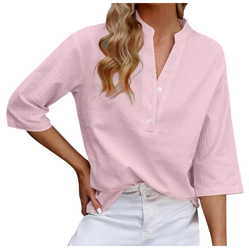 3/4 Sleeve Women's Top Casual Loose Round Neck T Shirt Cute Solid Color Long - Picture 3 of 42