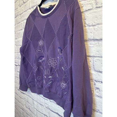 Alfred Dunner Sweatshirt bestickt Blumen lila Rautenmuster XL - Bild 2 von 7