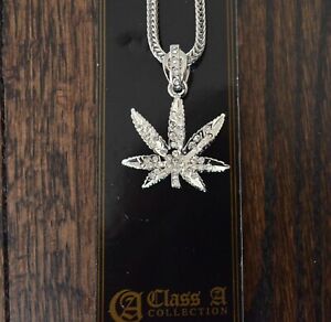 420 Weed Pendant Charm Silver Tone Pot Leaf Marijuana Iced-Out Necklace Chain 