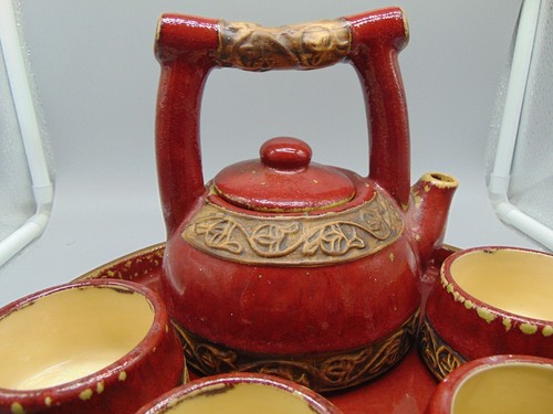 Tea Set Pier 1 Shanghai Teapot, 4 cups, and Tray Heavy and Unique Earthenware - Picture 2 of 5