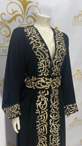 Abaya Dress Arabic Calligraphy Golden Embroidery Tatreez Maxi Long Sleeve Black - Picture 3 of 27
