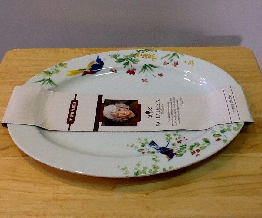 全新 Paula Deen 弹簧 MEDLEY 图案 14 英寸椭圆形餐盘 鸟花 — 第 2/4 张图片