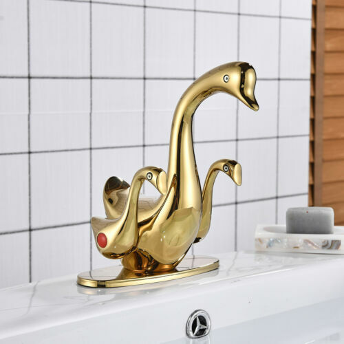 Gold Swan Bathroom Basin Sink Vanity Mixer Faucet 2 Handle Taps With Cover Plate - Picture 4 of 9