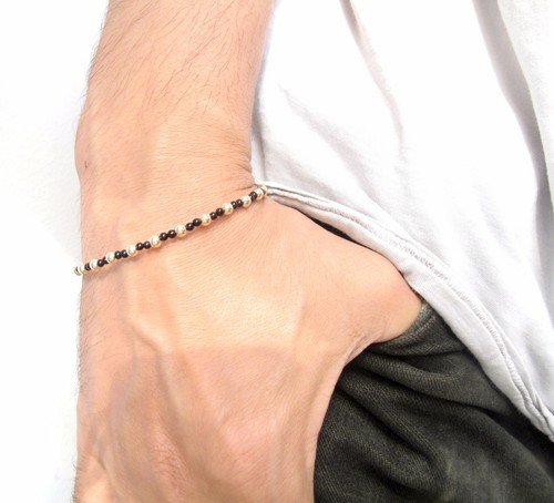 14 k solid yellow gold beads 3 black onyx natural bracelet round genuine men - Picture 2 of 5