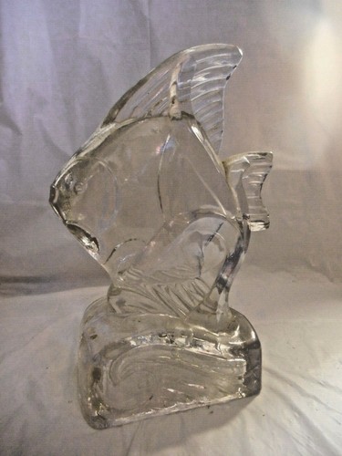 Mid Century Heavy Glass Base- Solid Glass Angel Fish Bookend Paperweight On Wave - Picture 7 of 12