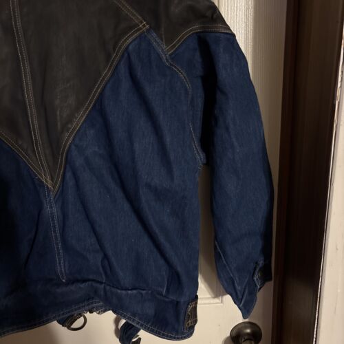 Vtg GADGET Denim Blue Jacket Coat Medium Faux Leather Full Zip W/Belt Straps - Picture 10 of 10