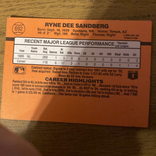 1990 Donruss Double error card Ryan Sandberg No All-star Stats No Dot After Inc - Picture 2 of 3