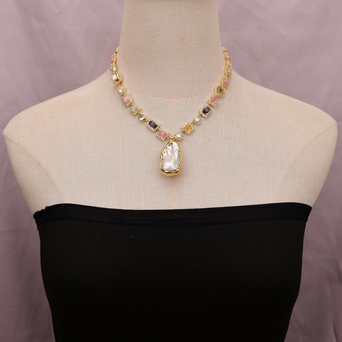 Natural Mix Color Cat eye Cz Chain White Pearl Necklace Keshi Pearl Pendant - Picture 5 of 13