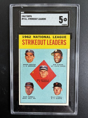 Sandy Koufax Bob Gibson Don Drysdale SGC 5 1963 Topps NL Strikeout Leaders #9 - Picture 1 of 2