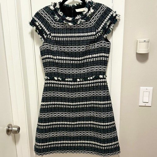Tory Burch Norfolk Striped Tweed Dress 2 Cap Sleeve Fit & Flare Green Black Wht - Picture 2 of 12