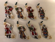 (8) Petit Point Needlepoint Christmas Mini Stocking Santa Claus Ornaments 5.5”