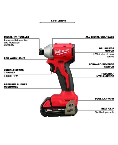 Milwaukee Tool 3692-22Ct M18 Compact Brushless 2-Tool Combo Kit Spill On Box New - Picture 5 of 10