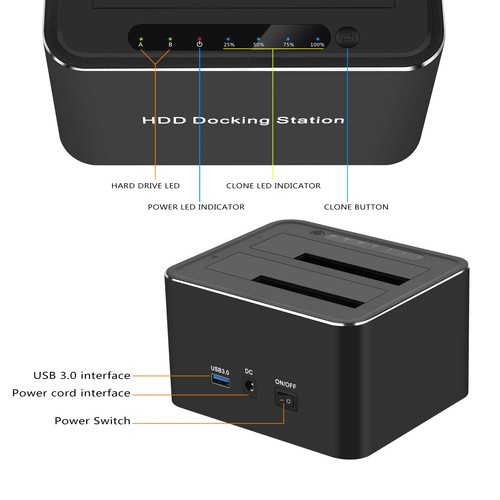 USB 3.0 to Dual Bay SATA Hard Drive Docking Station for 2.5/3.5 Inches HDD SSD - Picture 9 of 11