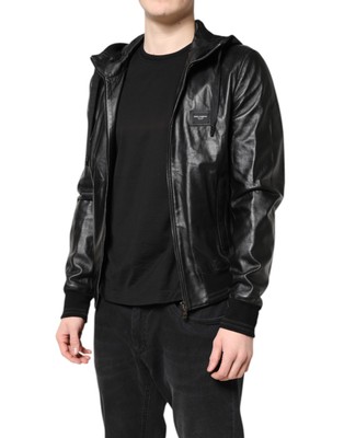 【VIP価格】DOLCE & GABBANA Lambskin Leather Coat Dolce & Gabbana Black Lambskin Leather Full Zip Biker Men's