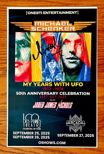 Póster promocional firmado por Michael Schenker 11 x 17 ~ OVNI ~ Guitarra Gibson Flying V
